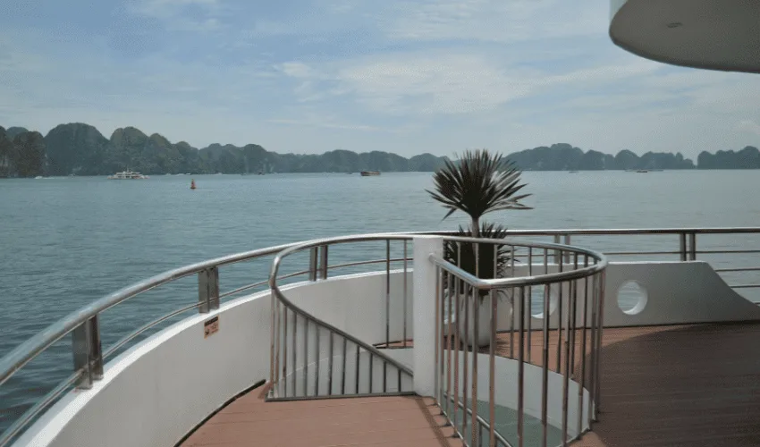 Scenic view from a cruise ship sailing through Ha Long Bay Vietnam
