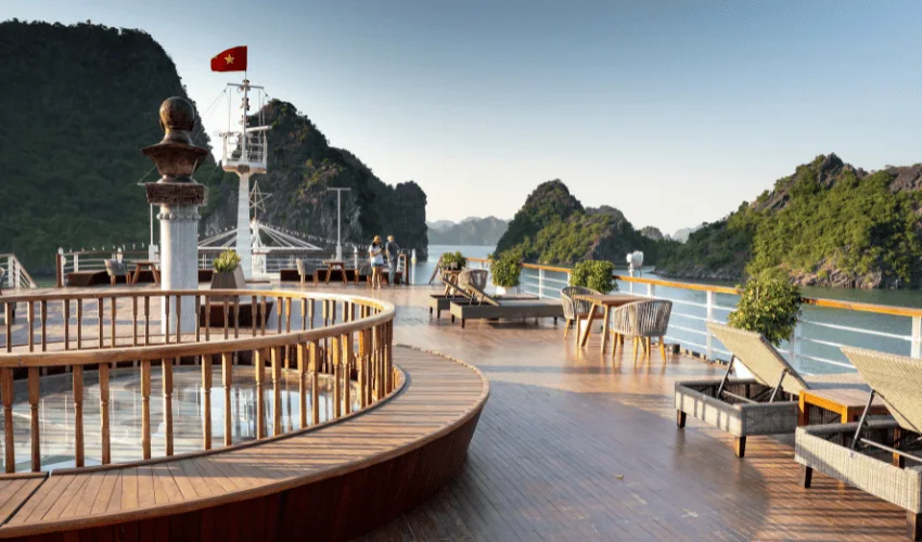 Luxury cruise deck with a pool overlooking Ha Long Bay Vietnam
