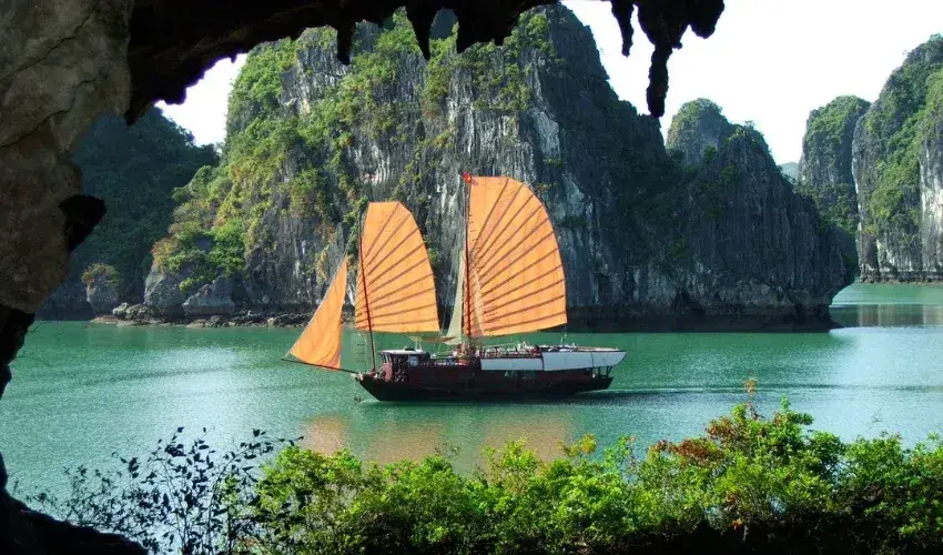 The distinctive red sailboats of Ha Long Bay