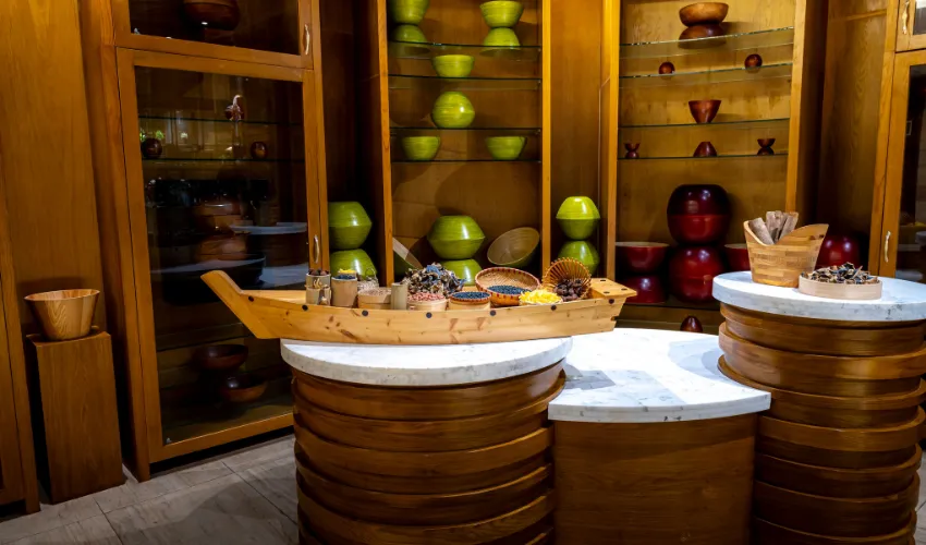 Luxury hotel interior in Vietnam with elegant wood and marble design