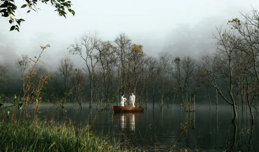 Couple enjoying a private romantic boat experience in Da Lat Vietnam