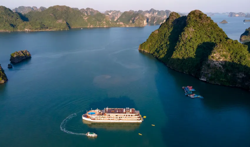 Halong Bay cruise sailing among limestone islands on a day trip from Hanoi