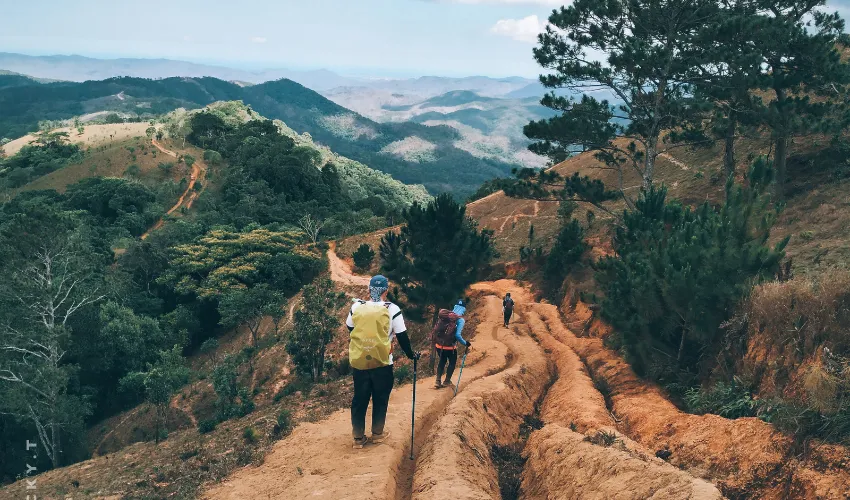 Hikers navigating a steep mountain trail on a trekking tour