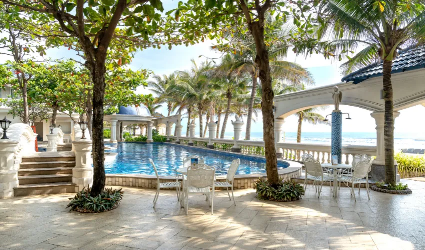 Private luxury resort pool overlooking the sea in Vietnam